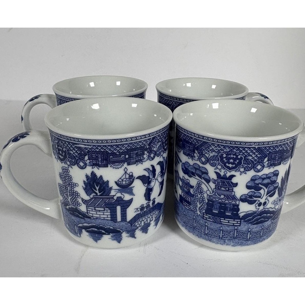 Blue Willow Style Coffee Tea Mug Set 4 Blue White Transferware Cups
